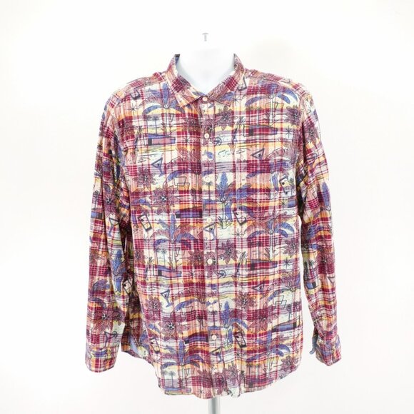 Tommy Bahama Red Yellow Blue Floral Plaid Collared Dress Shirt XL Cotton Flip Cu - Picture 5 of 13